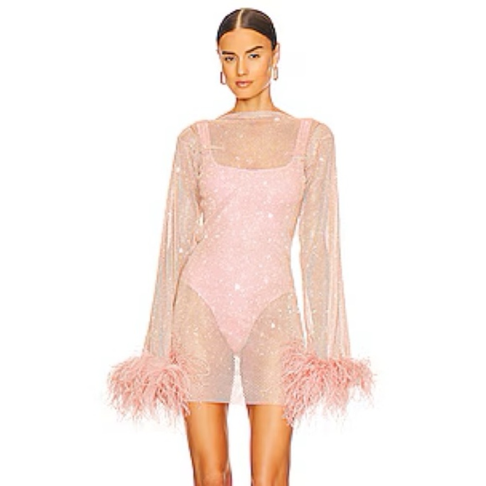 Santa Brands Sheer Pink Feather-Cuff Mini Dress